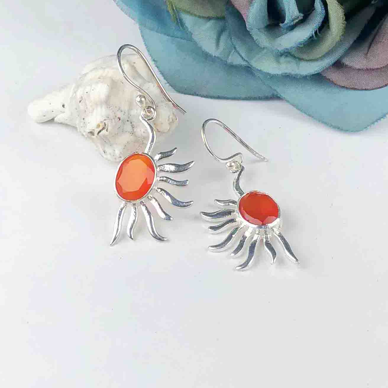 Dazzling Orange Carnelian Earrings Made of Brass Silver Polished Danglers