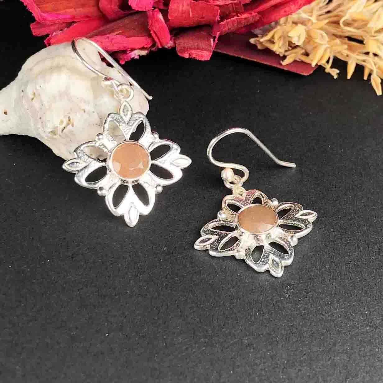 Top Quality Pink Chalcedony Earrings Made of Brass Silver Polished Danglers