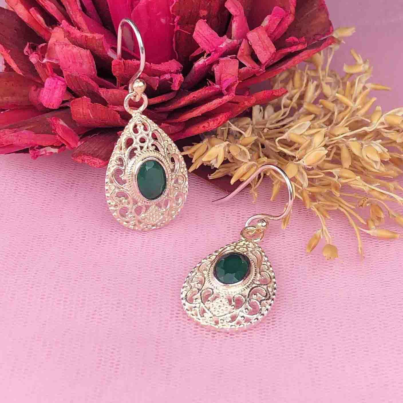 Precious Green Onyx Earrings Made of Brass Silver Polished Danglers