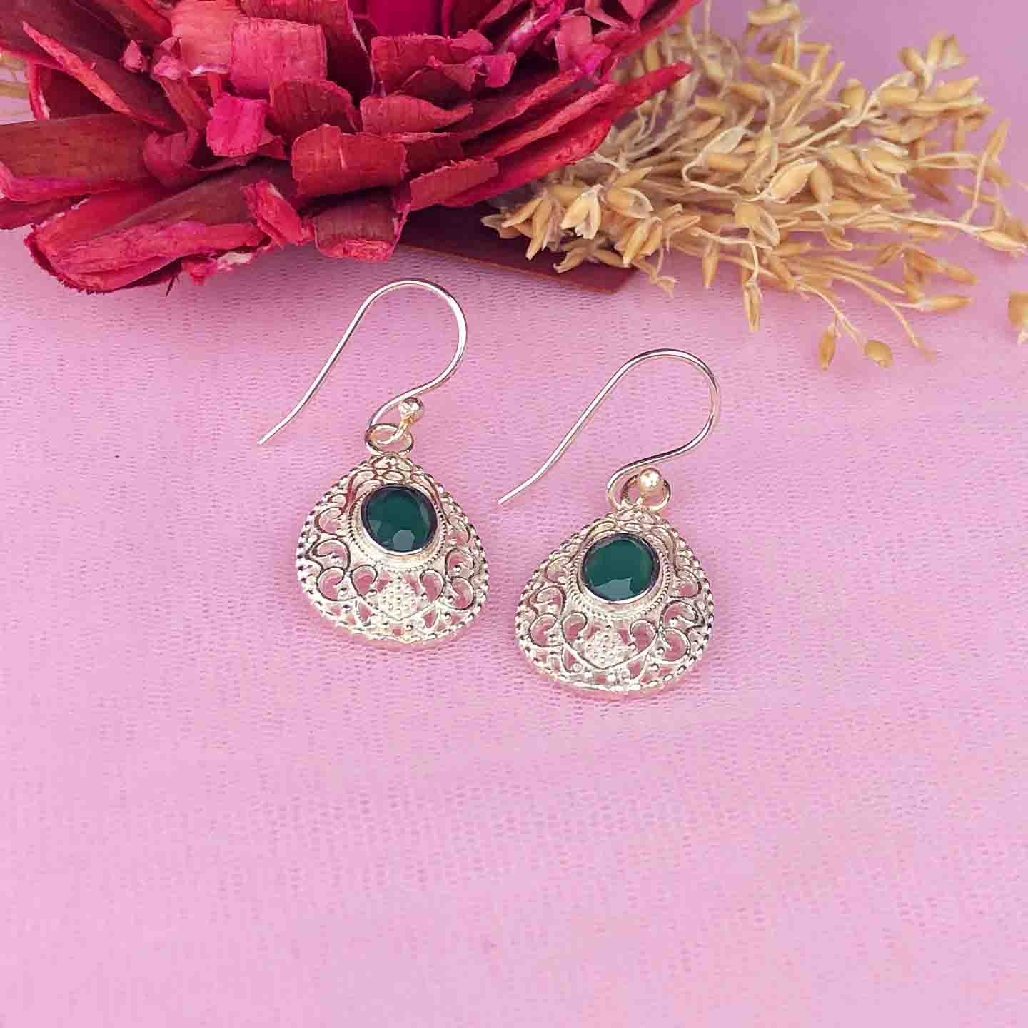 Precious Green Onyx Earrings Made of Brass Silver Polished Danglers