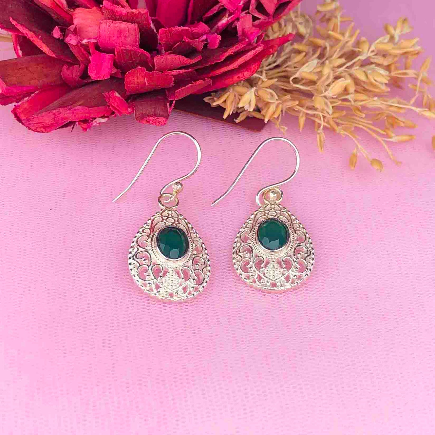 Precious Green Onyx Earrings Made of Brass Silver Polished Danglers