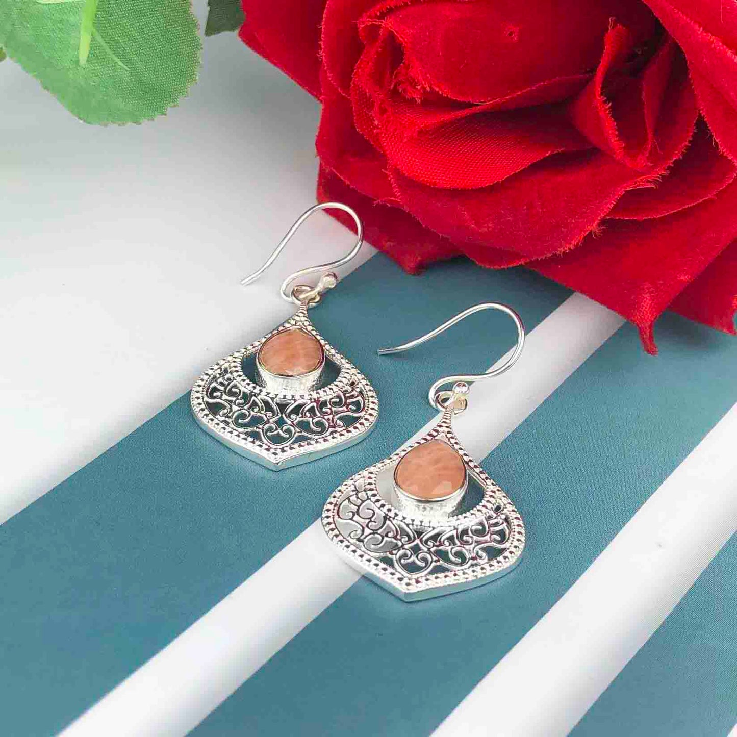 Expressive Brown Jasper Earrings Made of Brass Silver Polished Danglers