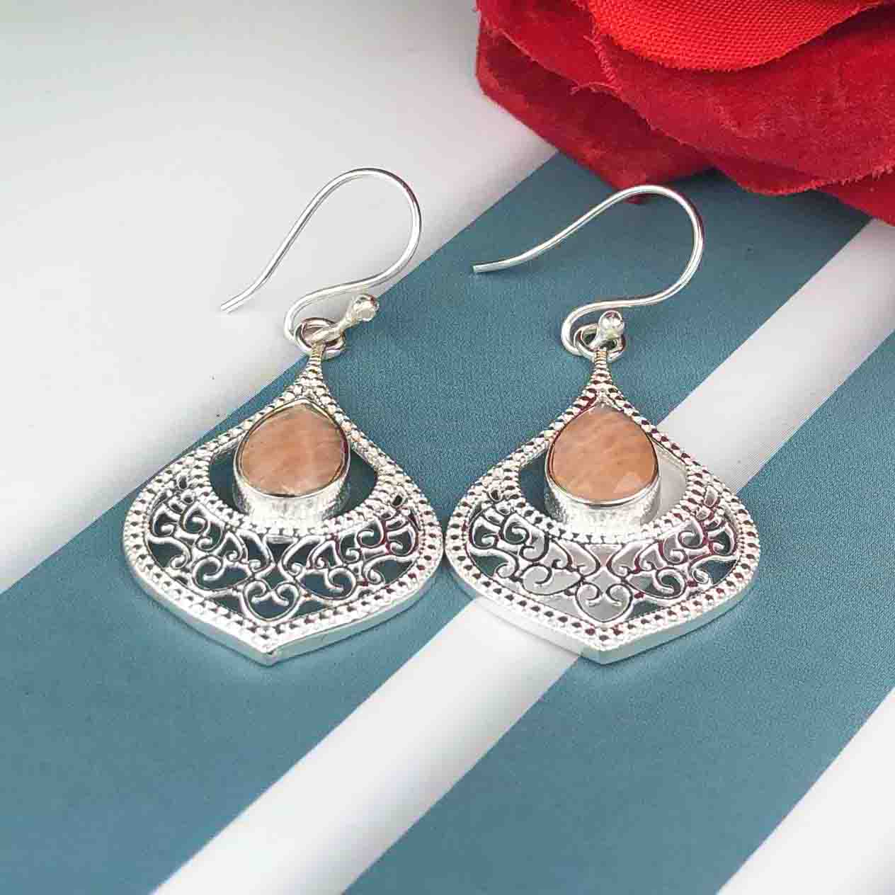 Expressive Brown Jasper Earrings Made of Brass Silver Polished Danglers