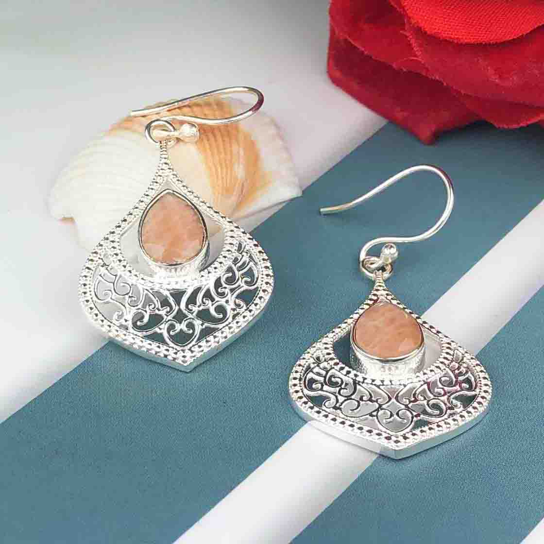 Expressive Brown Jasper Earrings Made of Brass Silver Polished Danglers