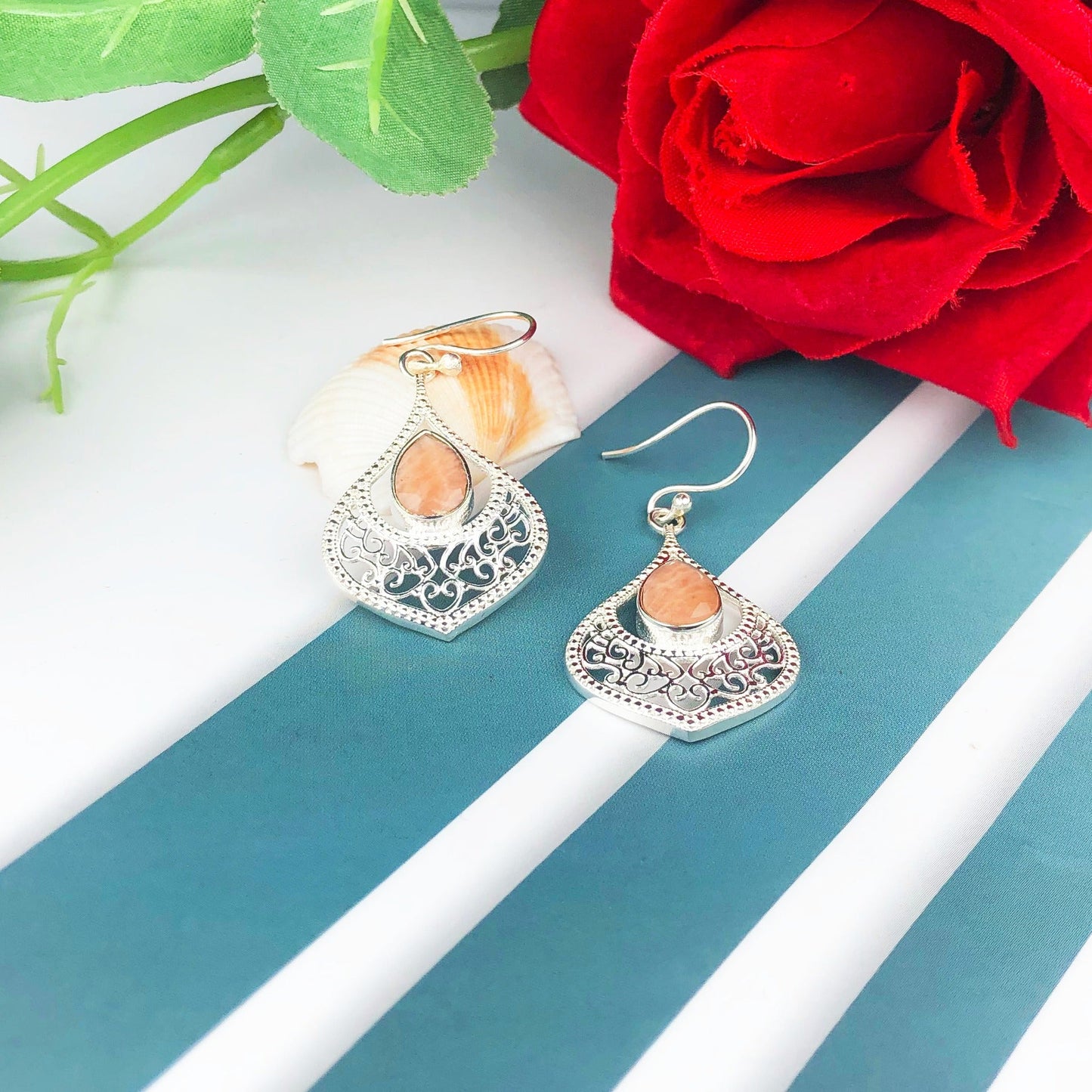 Expressive Brown Jasper Earrings Made of Brass Silver Polished Danglers