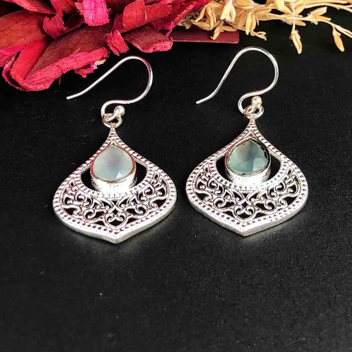 Precious Blue Opal Earrings Made of Brass Silver Polished Danglers