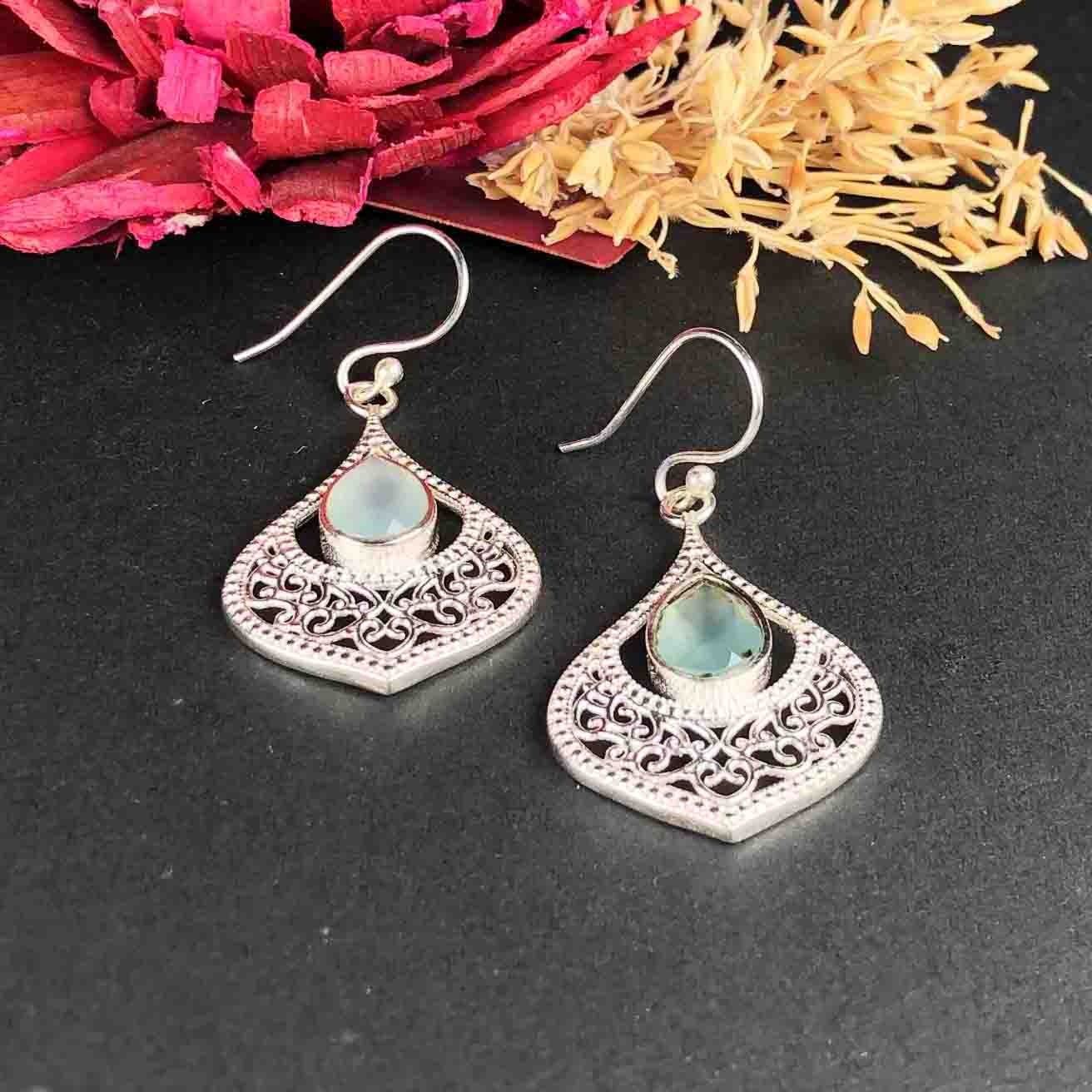 Precious Blue Opal Earrings Made of Brass Silver Polished Danglers
