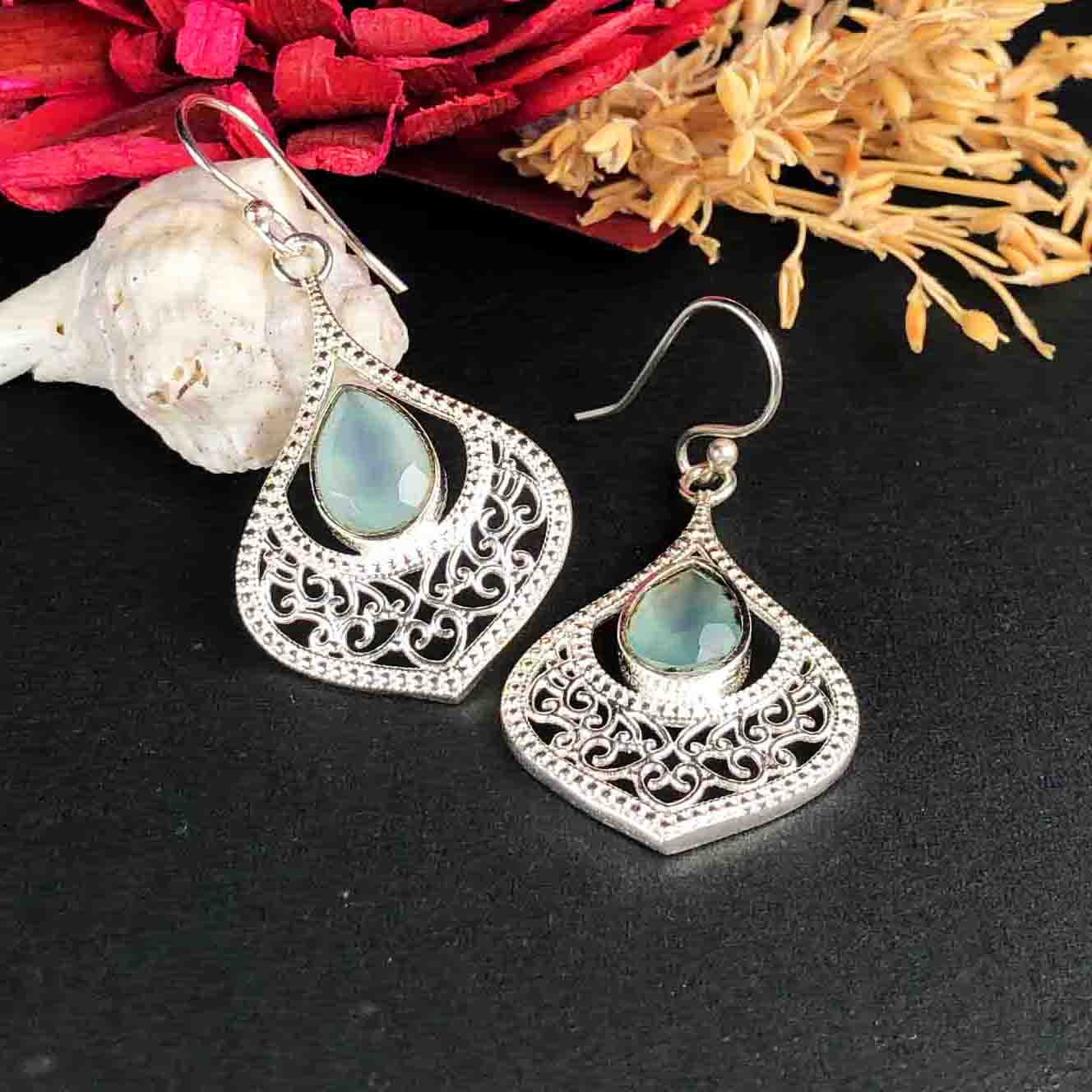 Precious Blue Opal Earrings Made of Brass Silver Polished Danglers