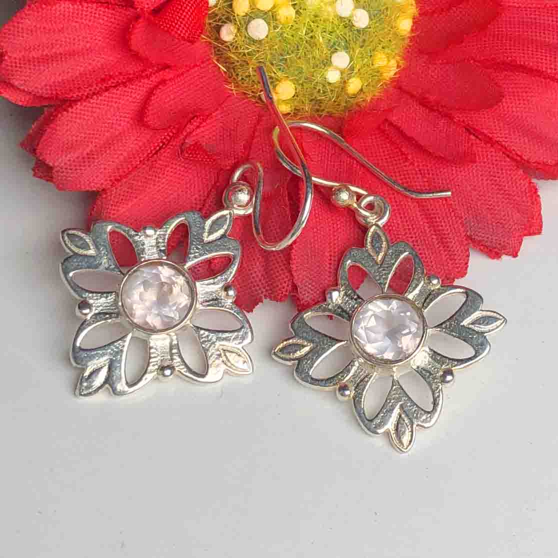 Expressive Clear Quartz Earrings Made of Brass Silver Polished Danglers
