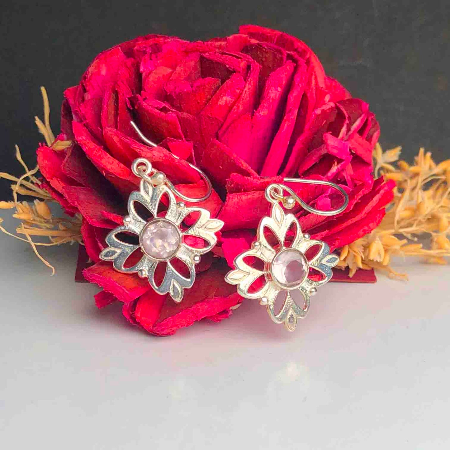 Expressive Clear Quartz Earrings Made of Brass Silver Polished Danglers