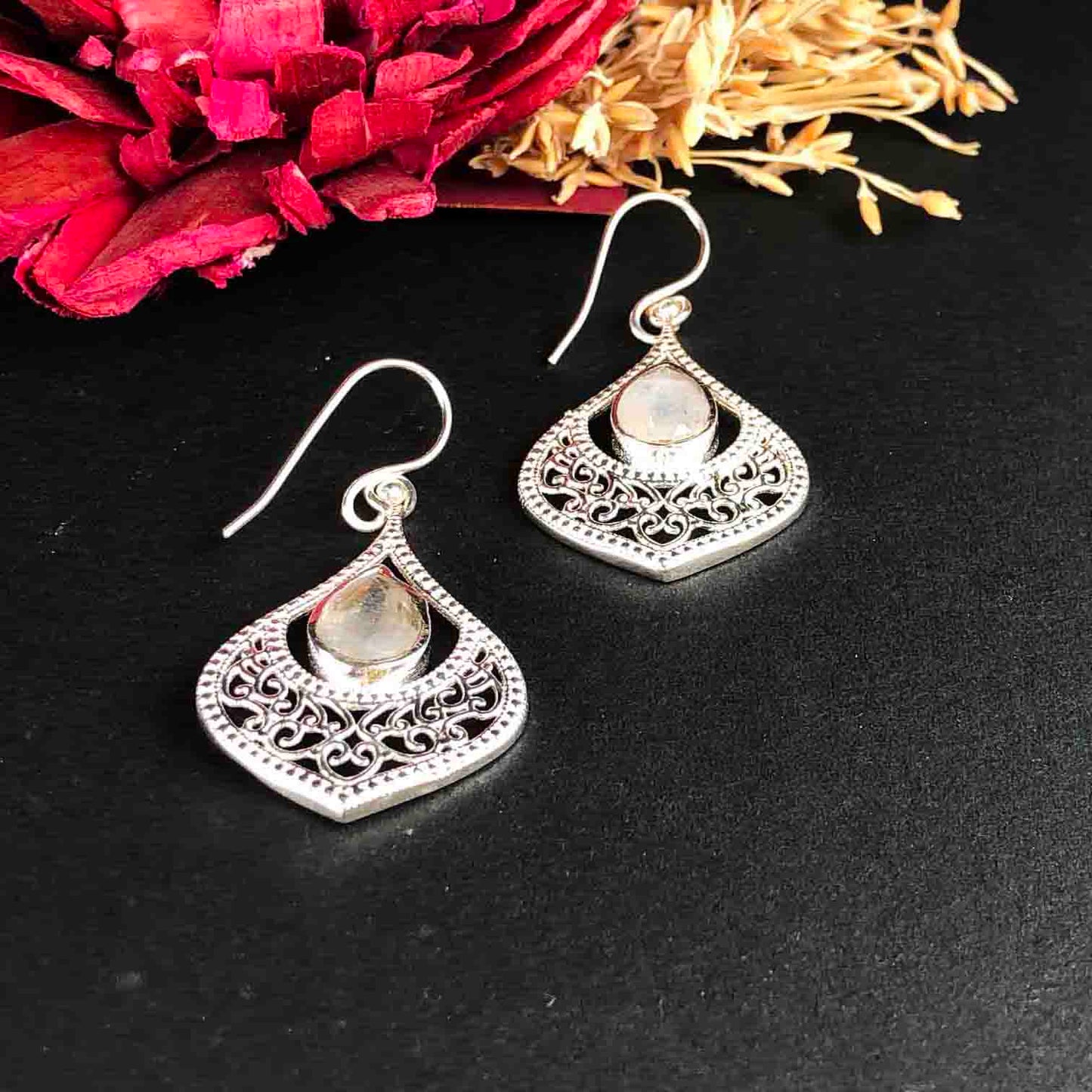 Sophisticated White Moonstone Earrings Made of Brass Silver Polished Danglers
