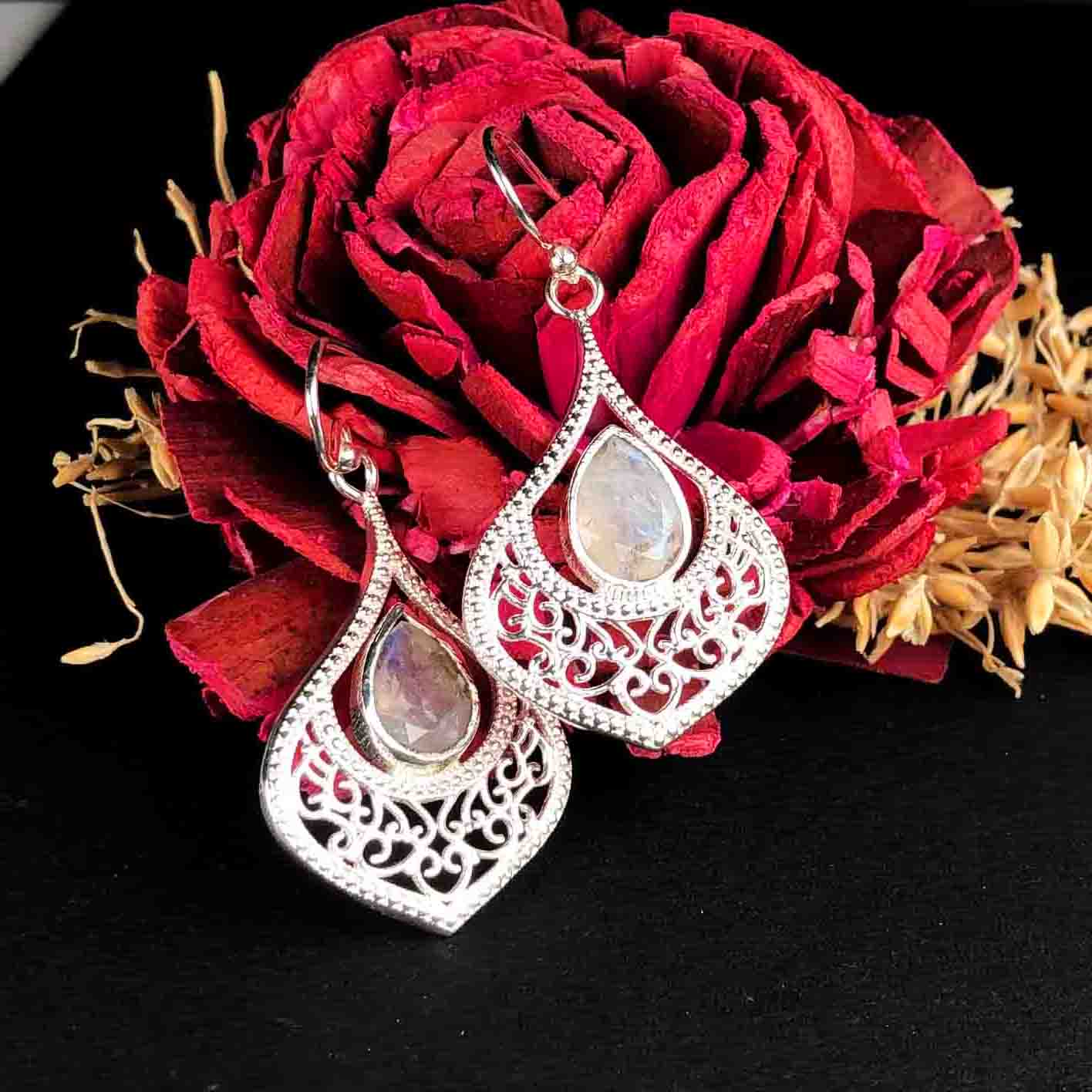 Sophisticated White Moonstone Earrings Made of Brass Silver Polished Danglers