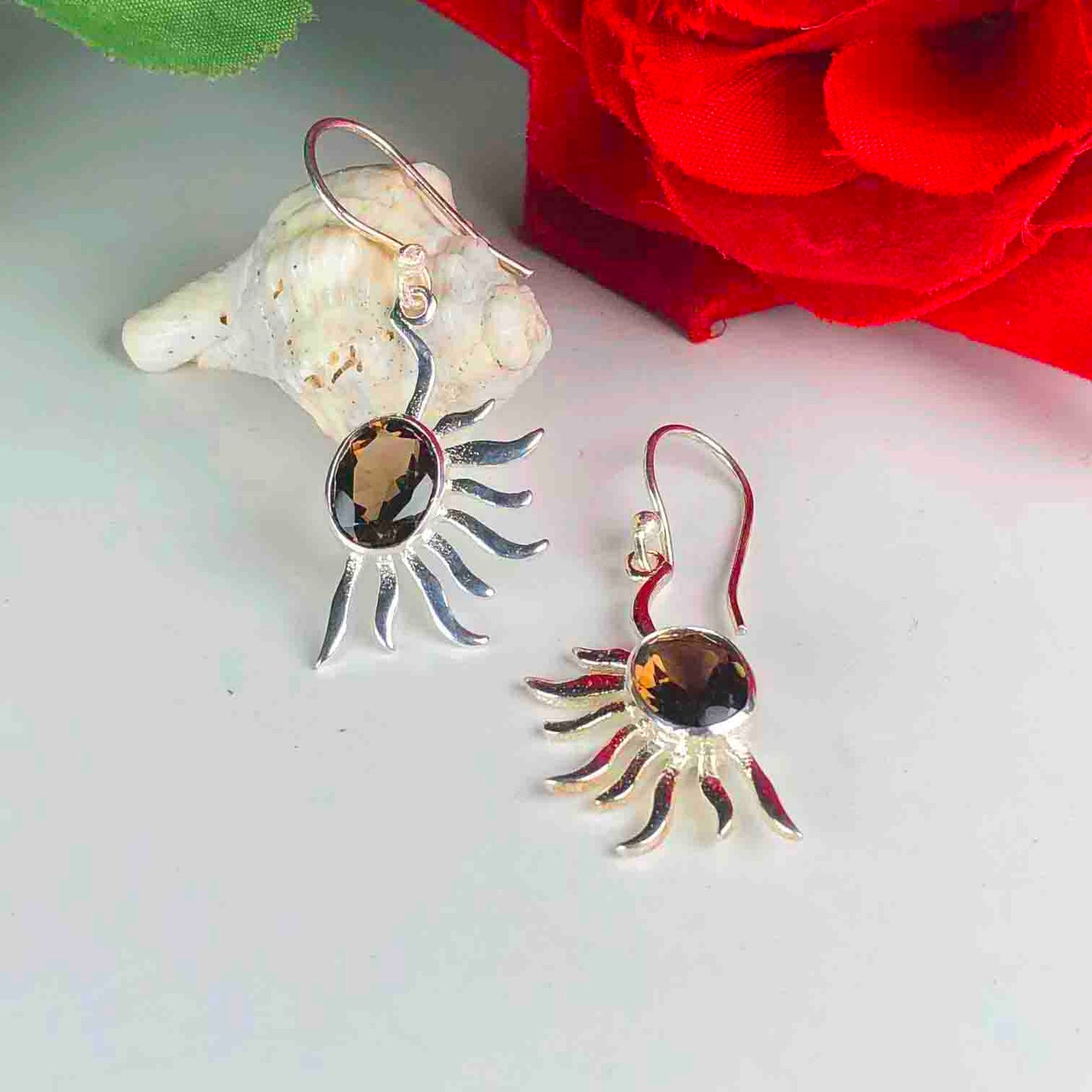 Glamorous Brown Smoky Quartz Earrings Made of Brass Silver Polished Danglers