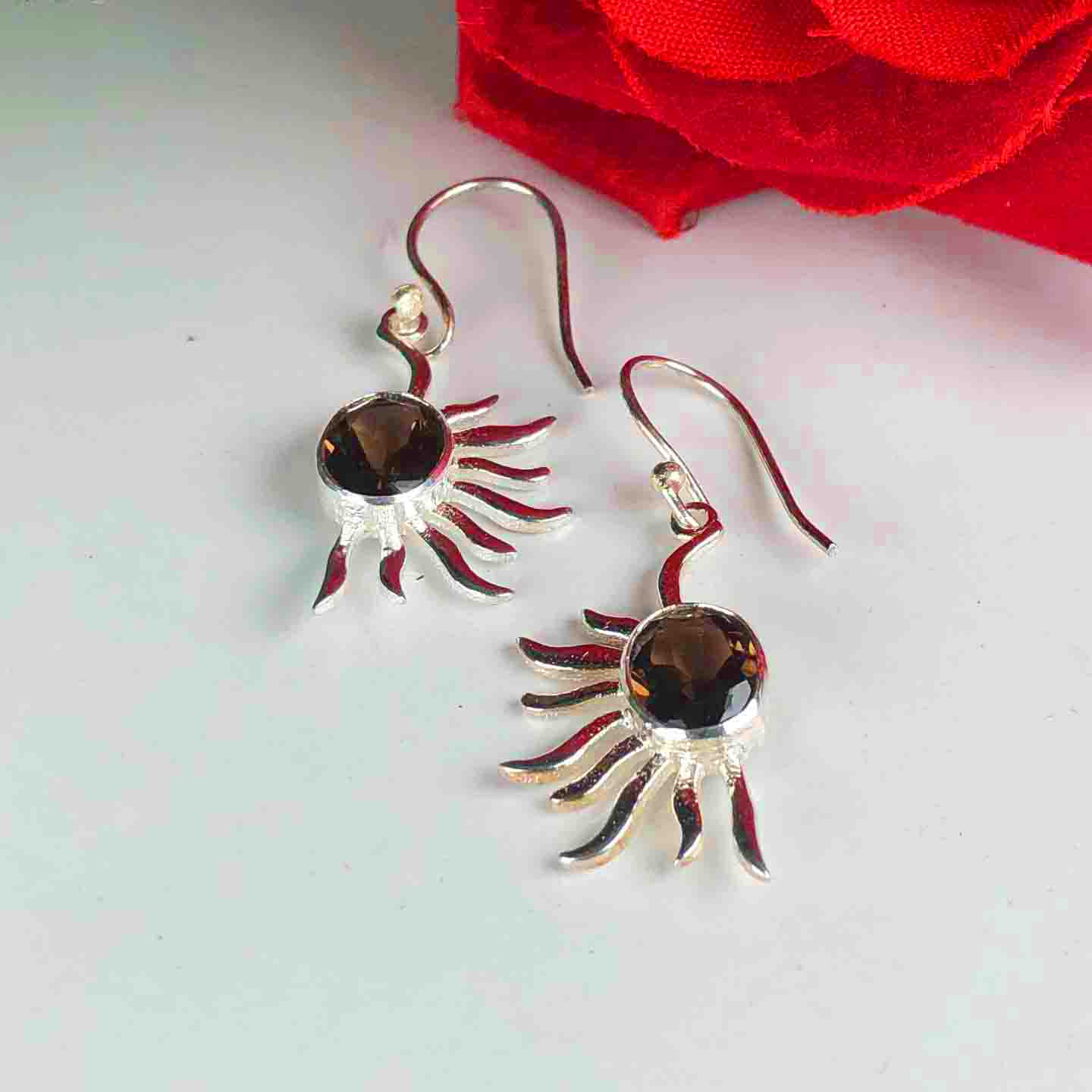 Glamorous Brown Smoky Quartz Earrings Made of Brass Silver Polished Danglers