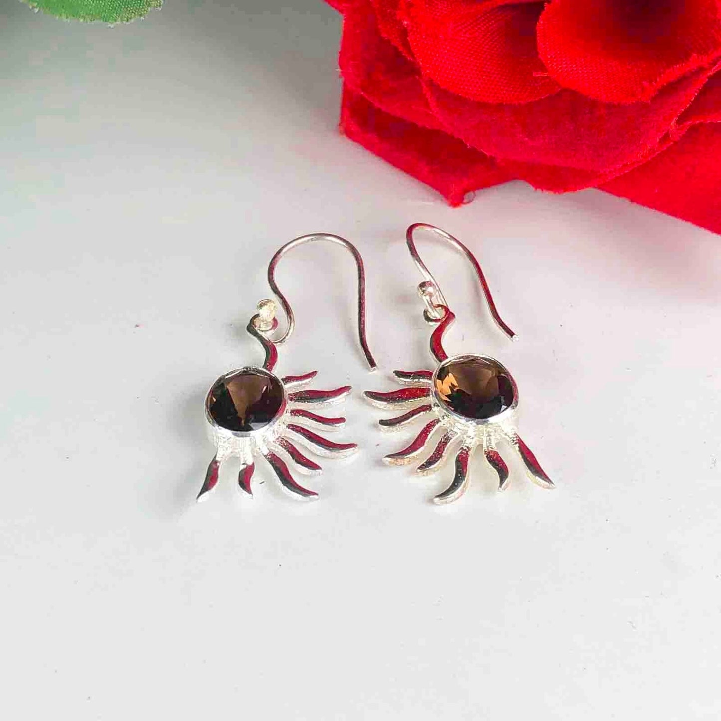 Glamorous Brown Smoky Quartz Earrings Made of Brass Silver Polished Danglers