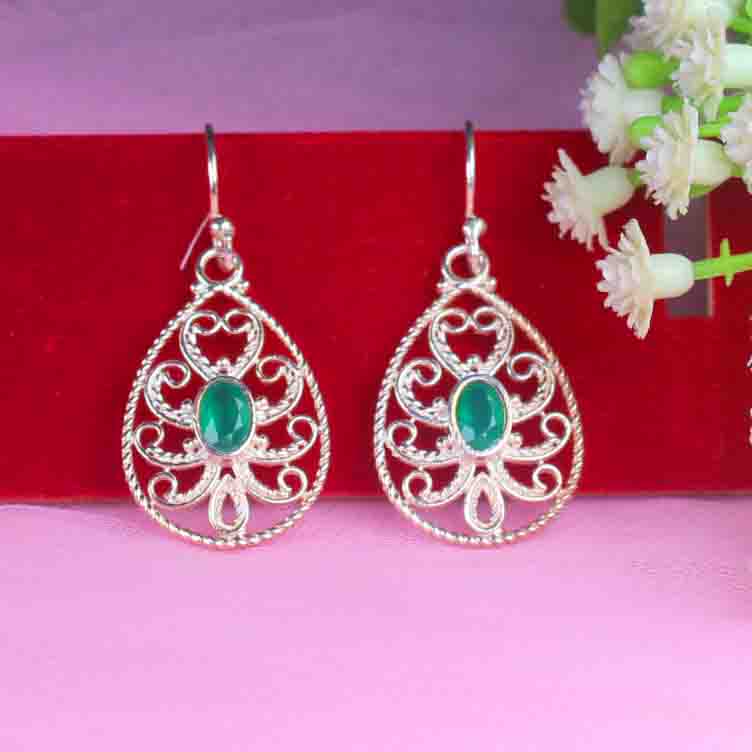 One of a kind Green Onyx Earrings Made of Brass Silver Polished Danglers