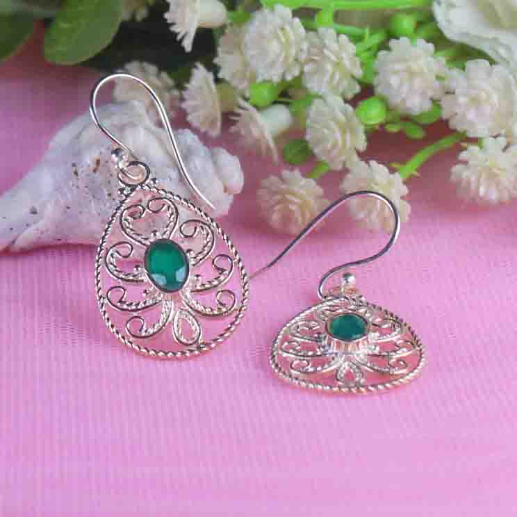 One of a kind Green Onyx Earrings Made of Brass Silver Polished Danglers