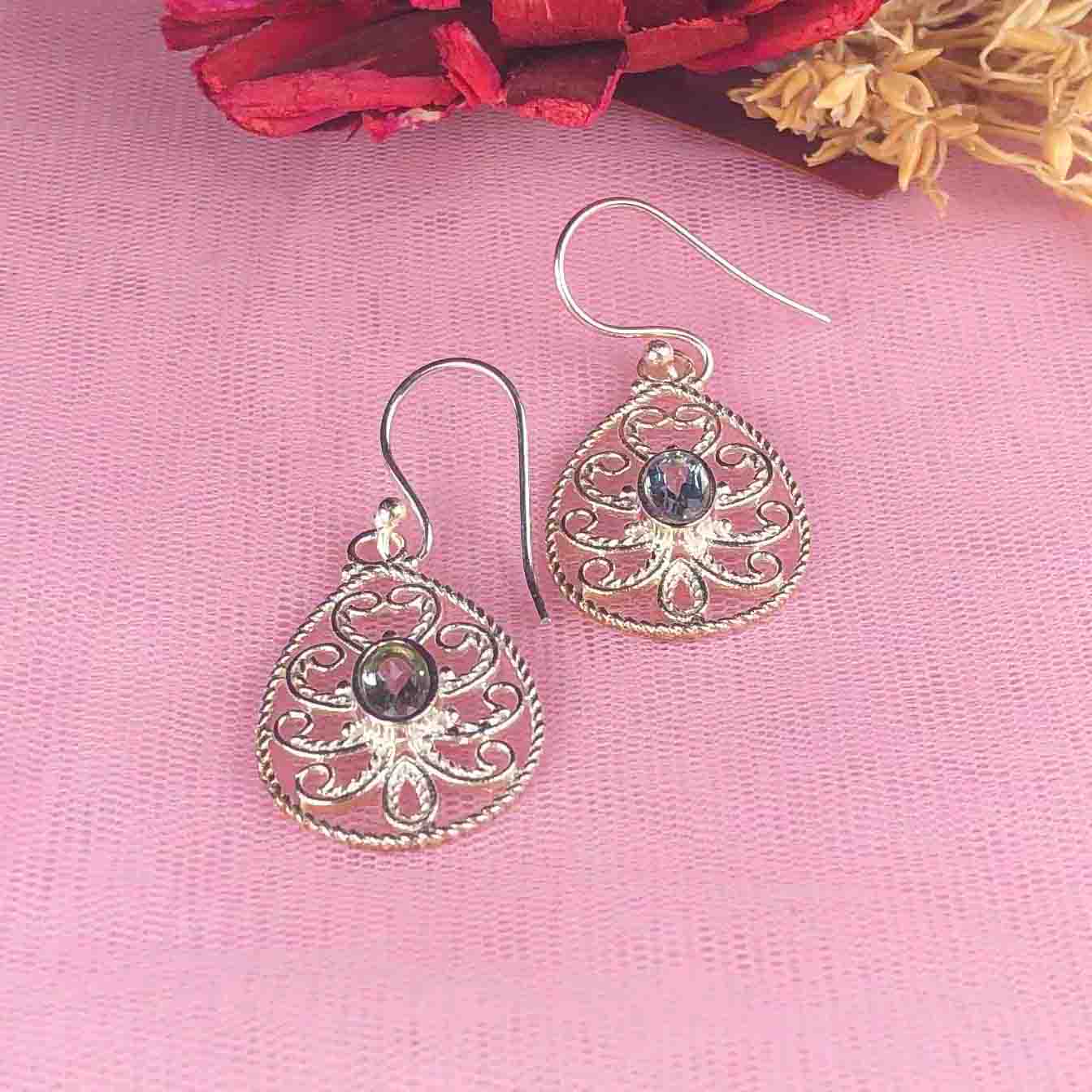 Elegant Blue Aquamarine Earrings Made of Brass Silver Polished Danglers