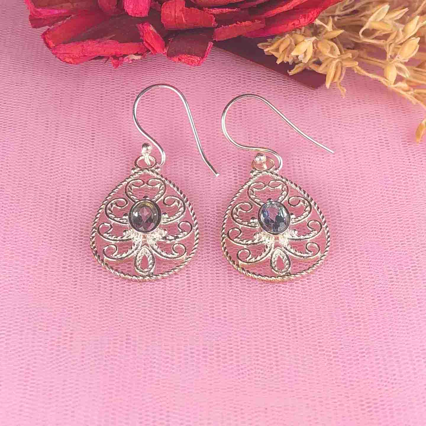 Elegant Blue Aquamarine Earrings Made of Brass Silver Polished Danglers