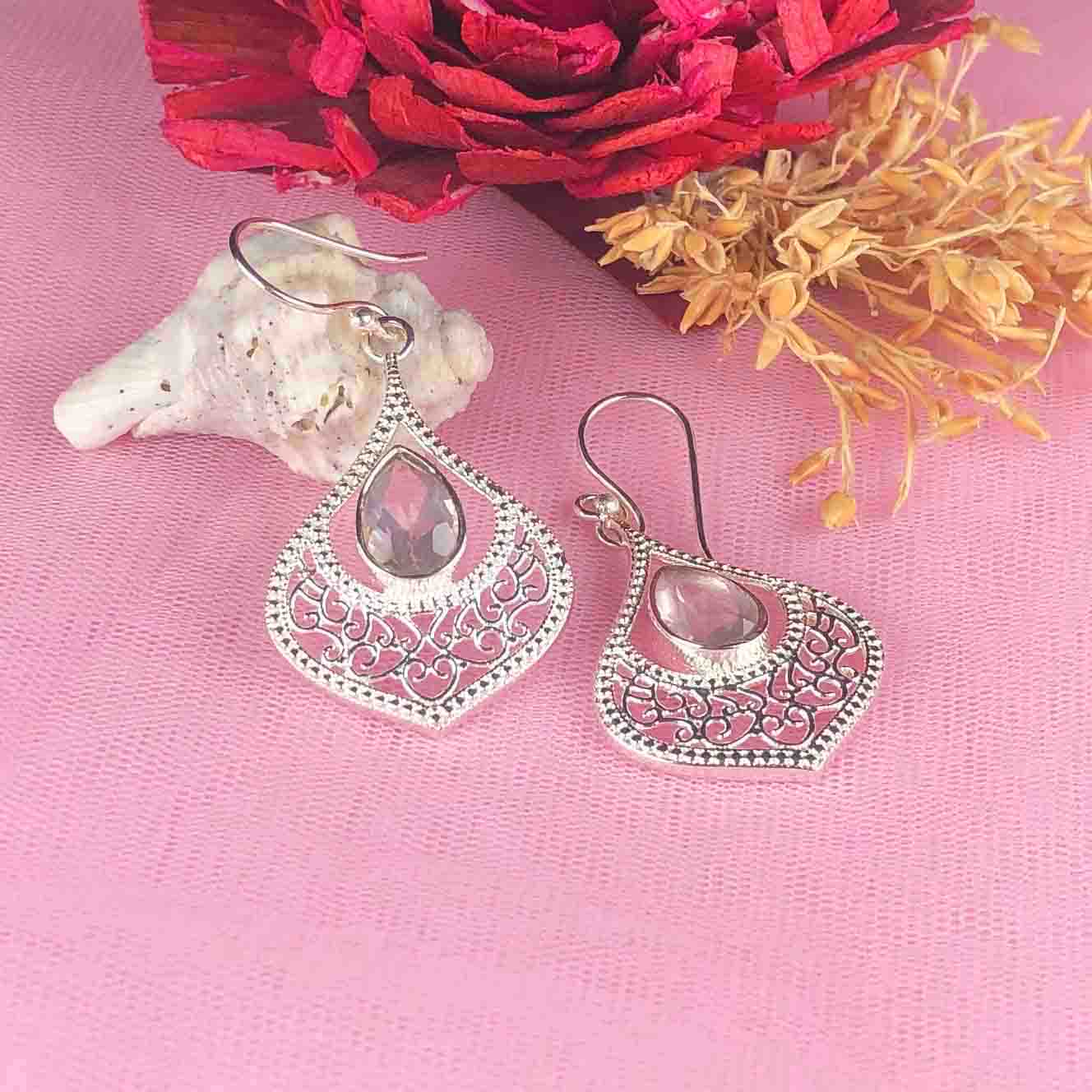Fantastic Clear Quartz Earrings Made of Brass Silver Polished Danglers