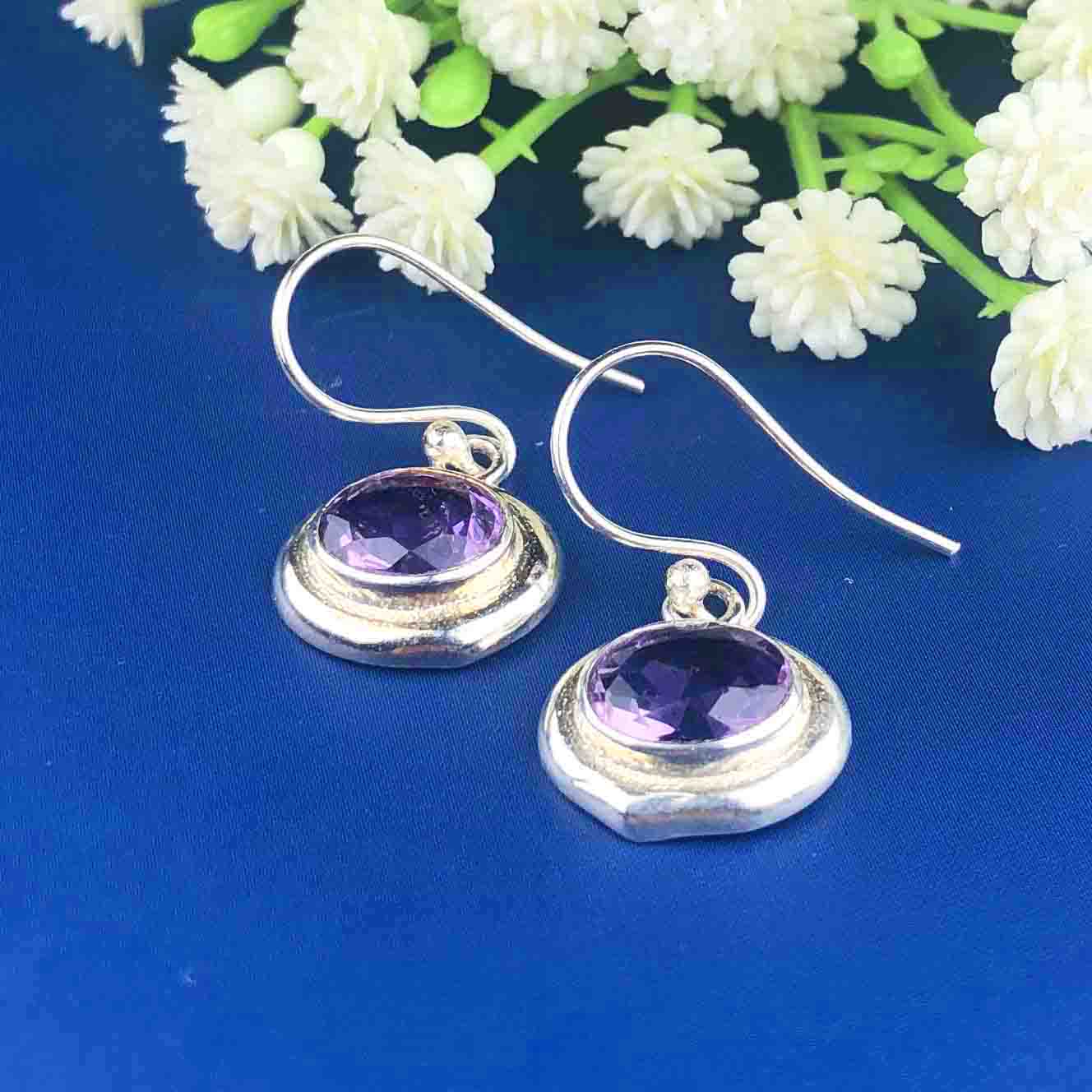 Classy Purple Amethyst Earrings Made of Brass Silver Polished Danglers