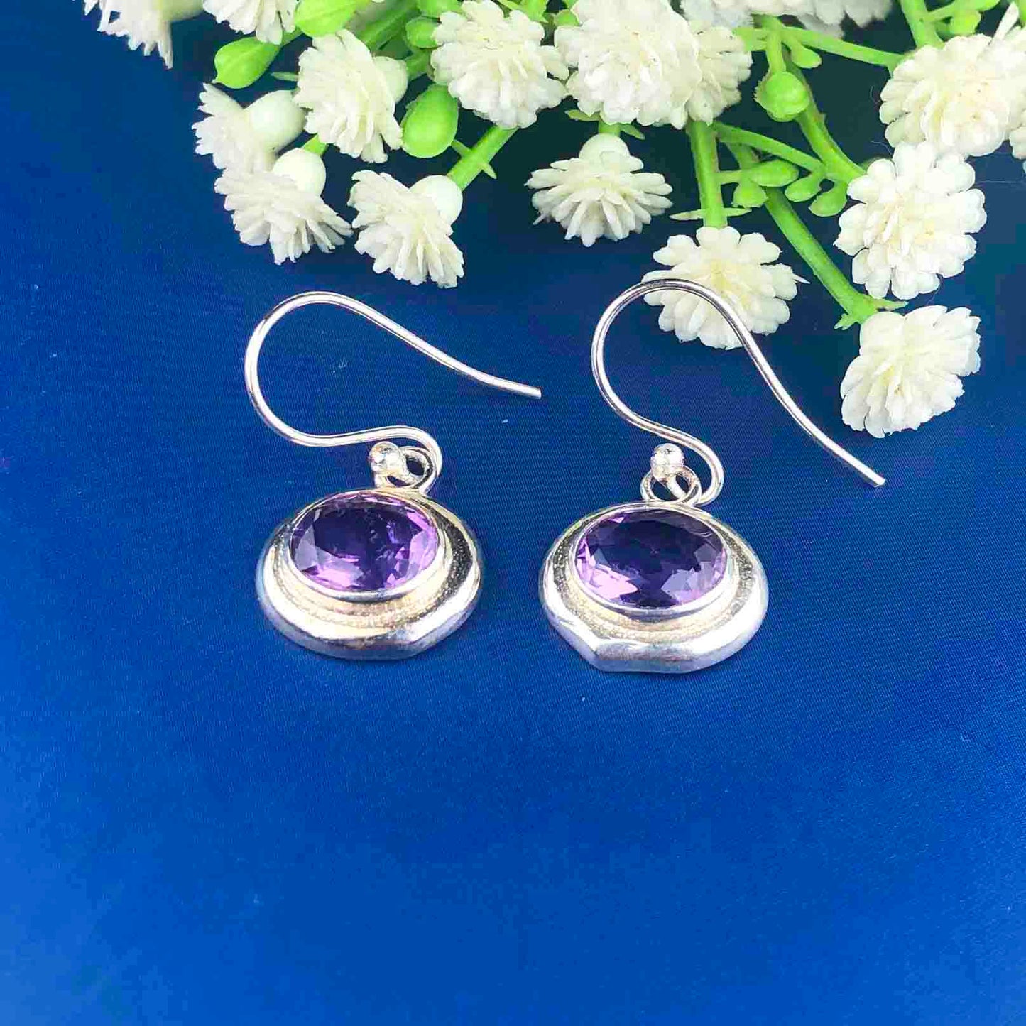 Classy Purple Amethyst Earrings Made of Brass Silver Polished Danglers