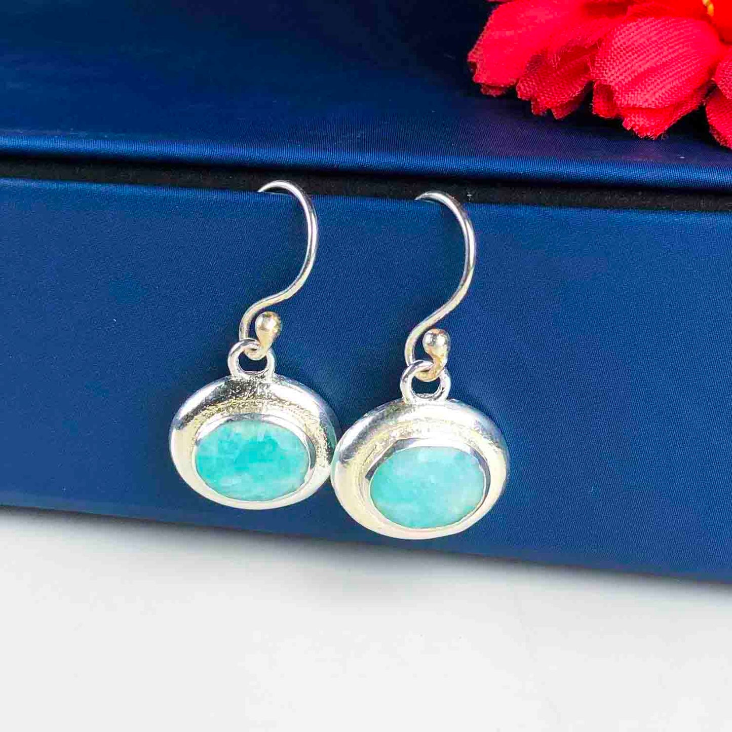 Precious Blue Amazonite Earrings Made of Brass Silver Polished Danglers