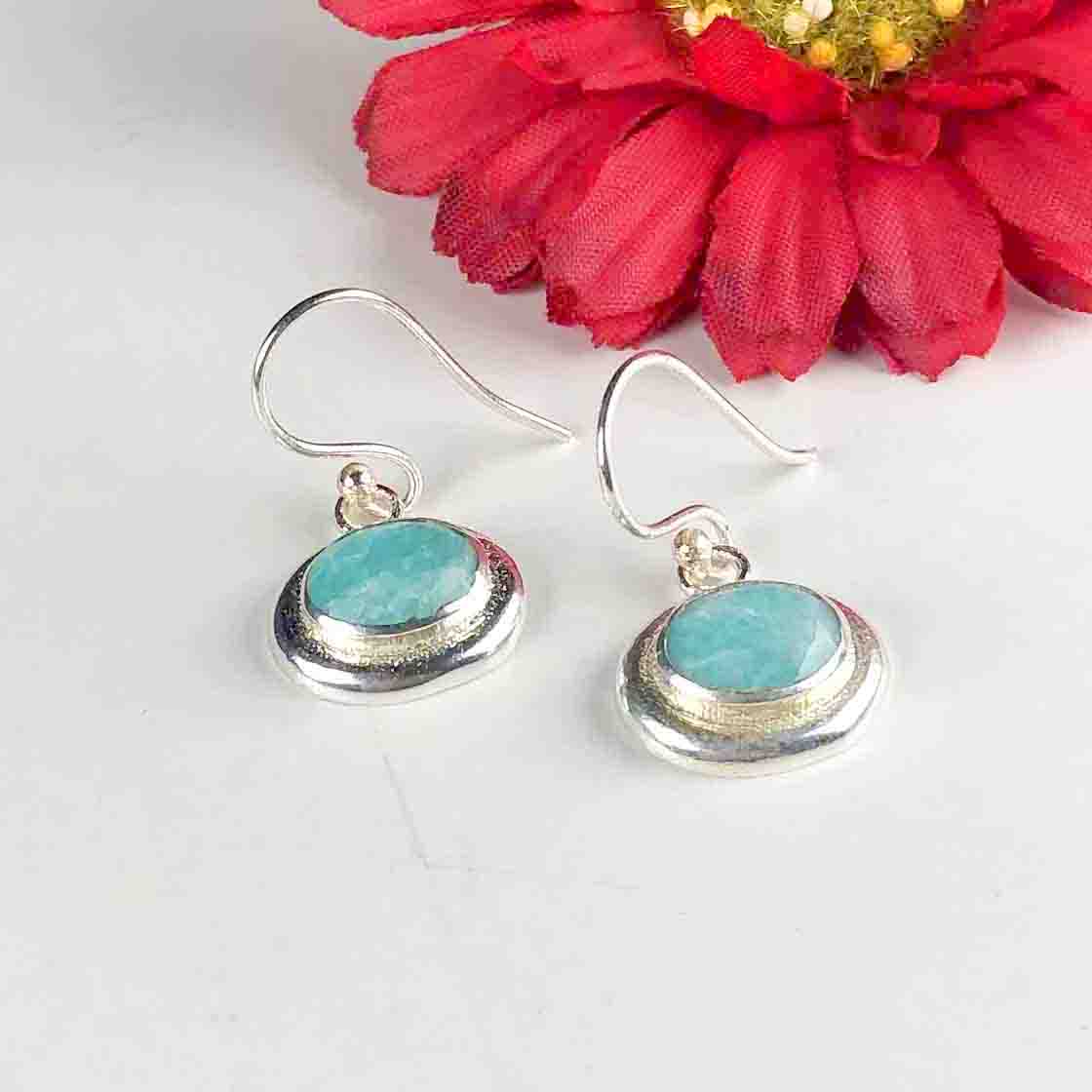 Precious Blue Amazonite Earrings Made of Brass Silver Polished Danglers