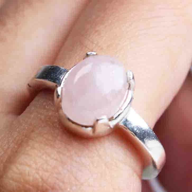 Very pretty Pink Rose Quartz Ring Main Metal Brass, Silver Coated