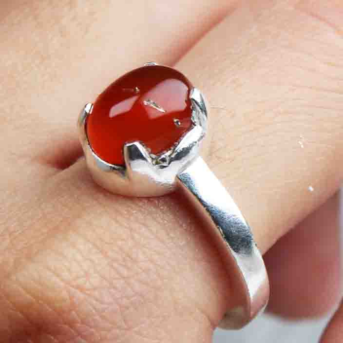 One of a kind Red Carnelian Ring Main Metal Brass, Silver Coated