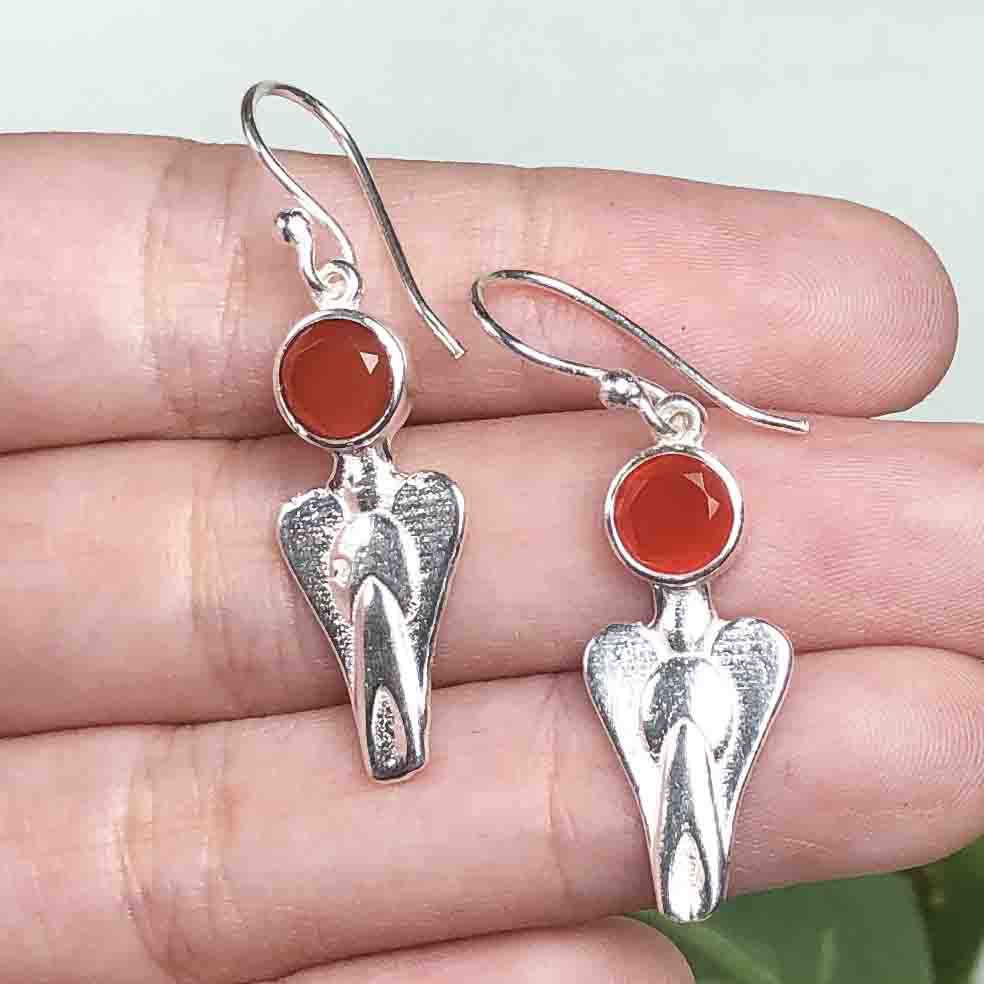 Elegant Red Carnelian Earrings Made of Brass Silver Polished Danglers