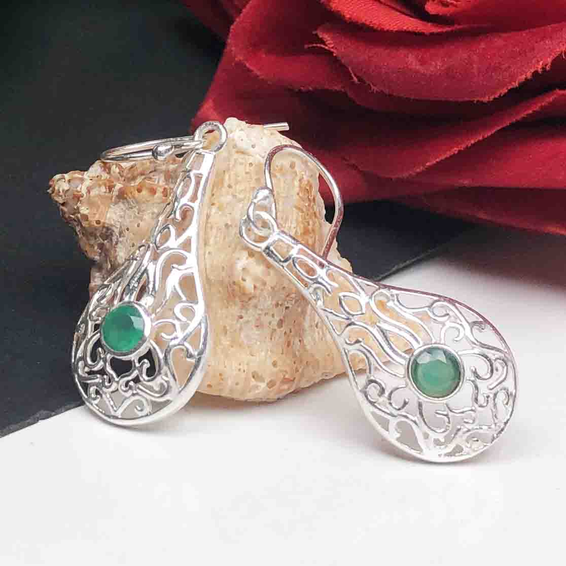 Bright Green Onyx Earrings Made of Brass Silver Polished Danglers