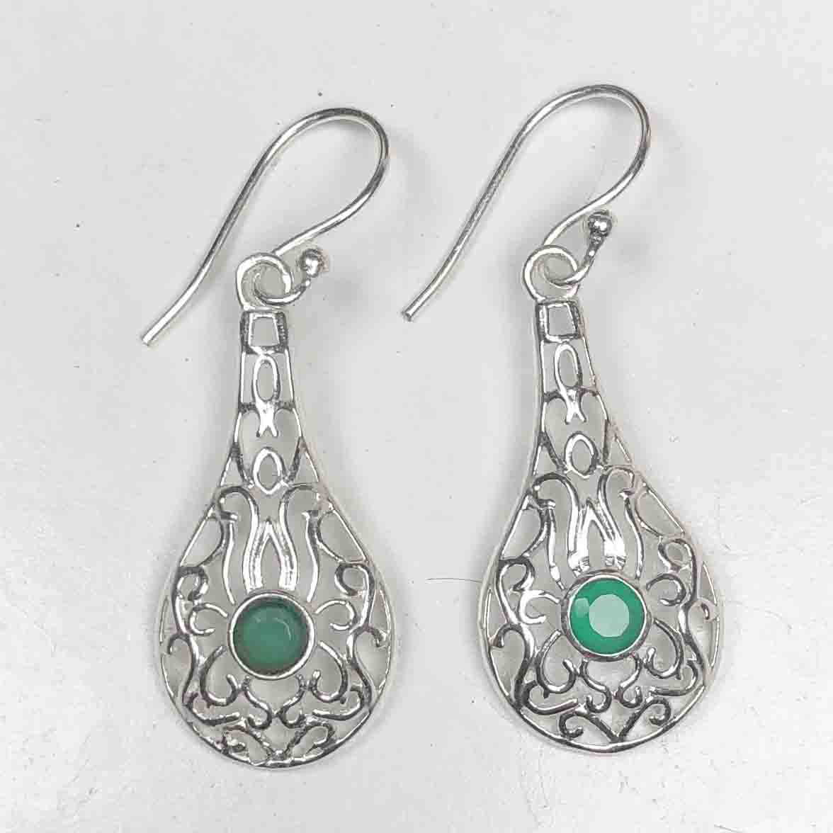 Bright Green Onyx Earrings Made of Brass Silver Polished Danglers