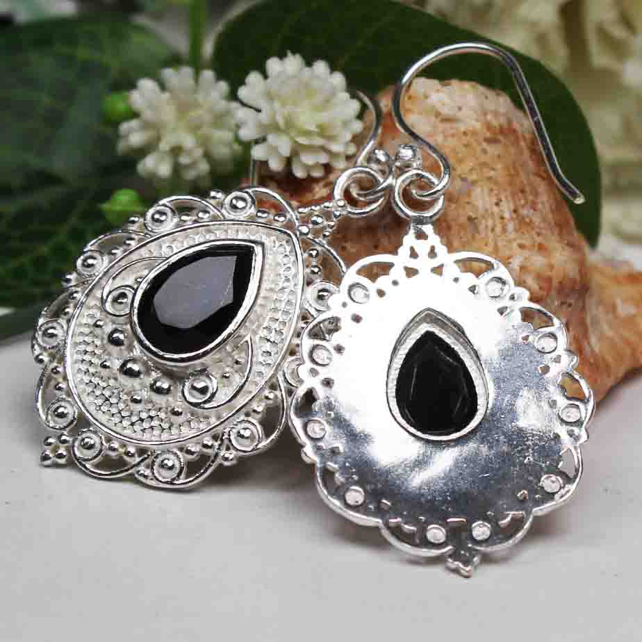 One of a kind Black Spinel Earrings Made of Brass Silver Polished Danglers