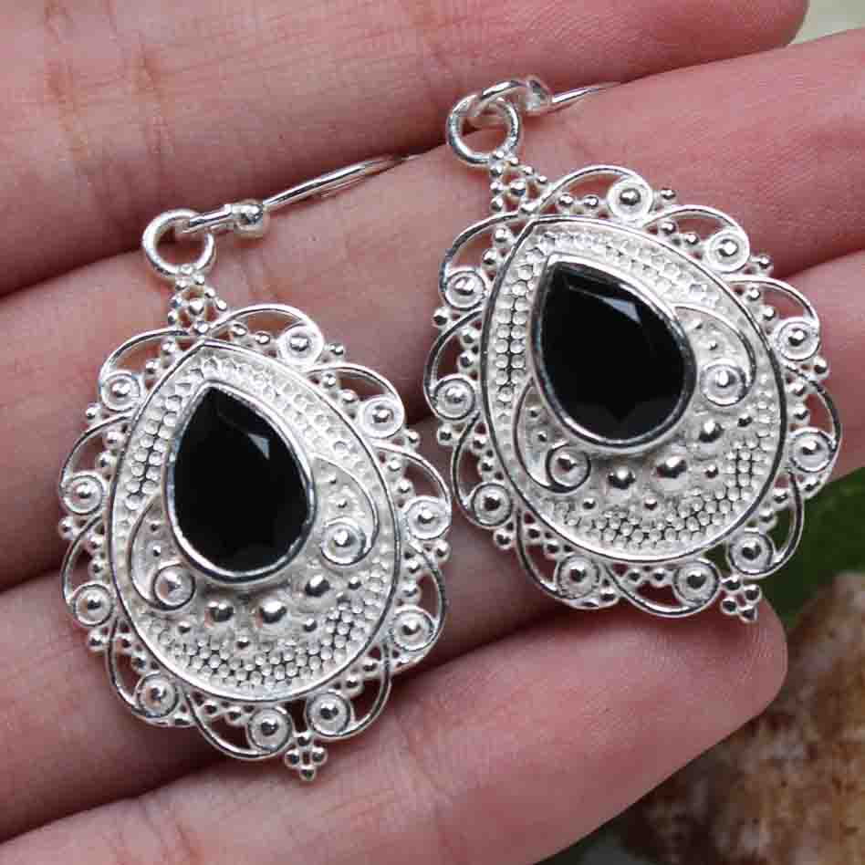 One of a kind Black Spinel Earrings Made of Brass Silver Polished Danglers