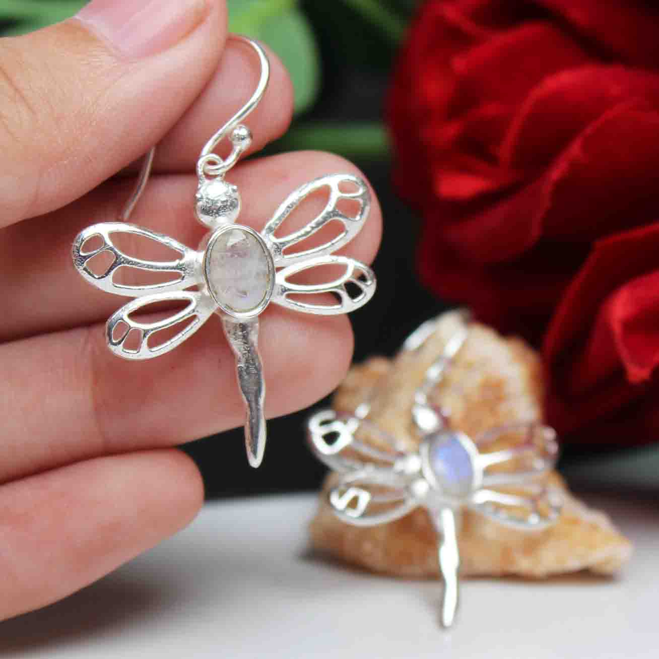 One of a kind White Moonstone Earrings Made of Brass Silver Polished Danglers