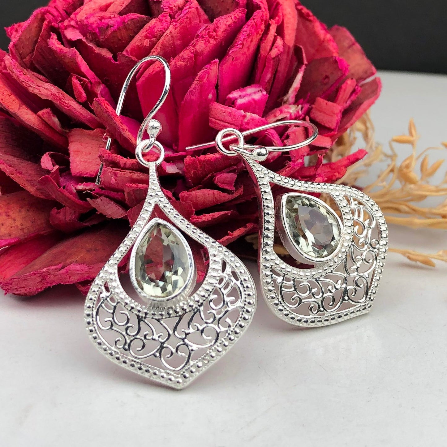 Wonderful Green Amethyst Earrings Made of Brass Silver Polished Danglers