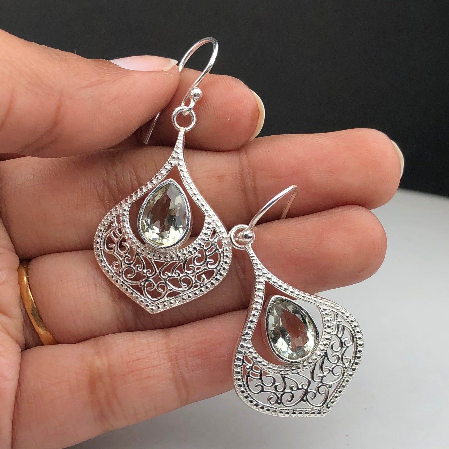 Wonderful Green Amethyst Earrings Made of Brass Silver Polished Danglers