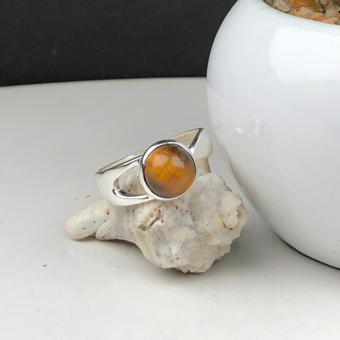 Impressive Brown Tigereye Ring Main Metal Brass, Silver Coated