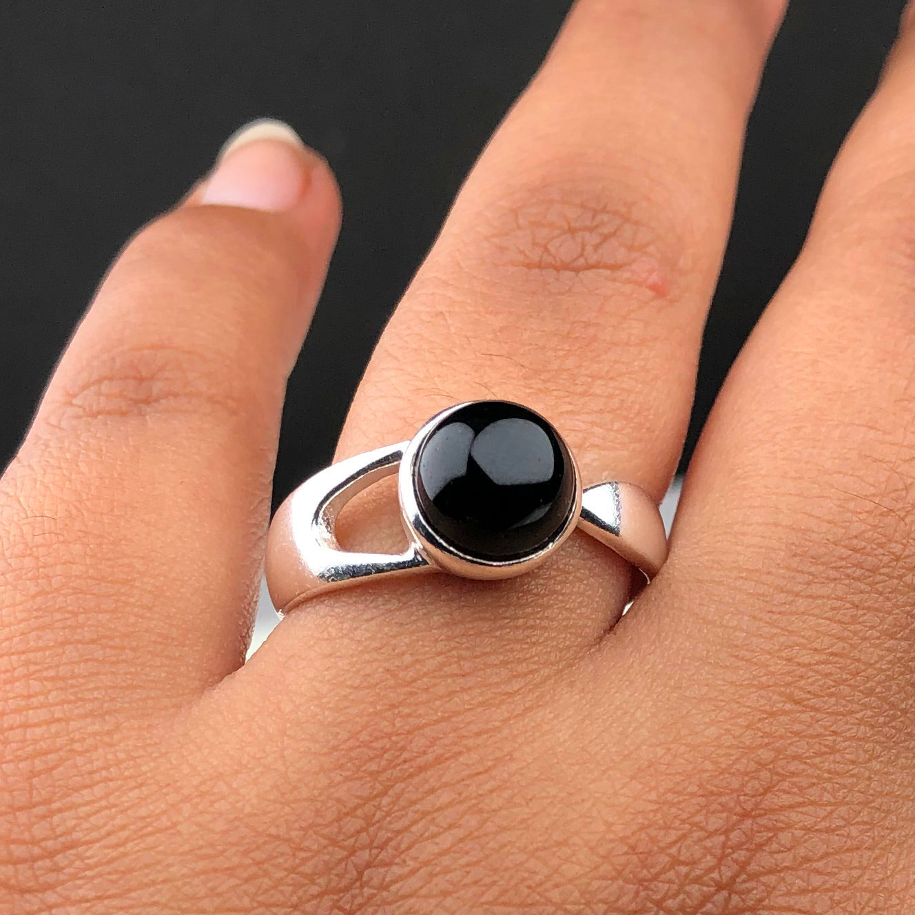 Wonderful Black Obsidian Ring Main Metal Brass, Silver Coated