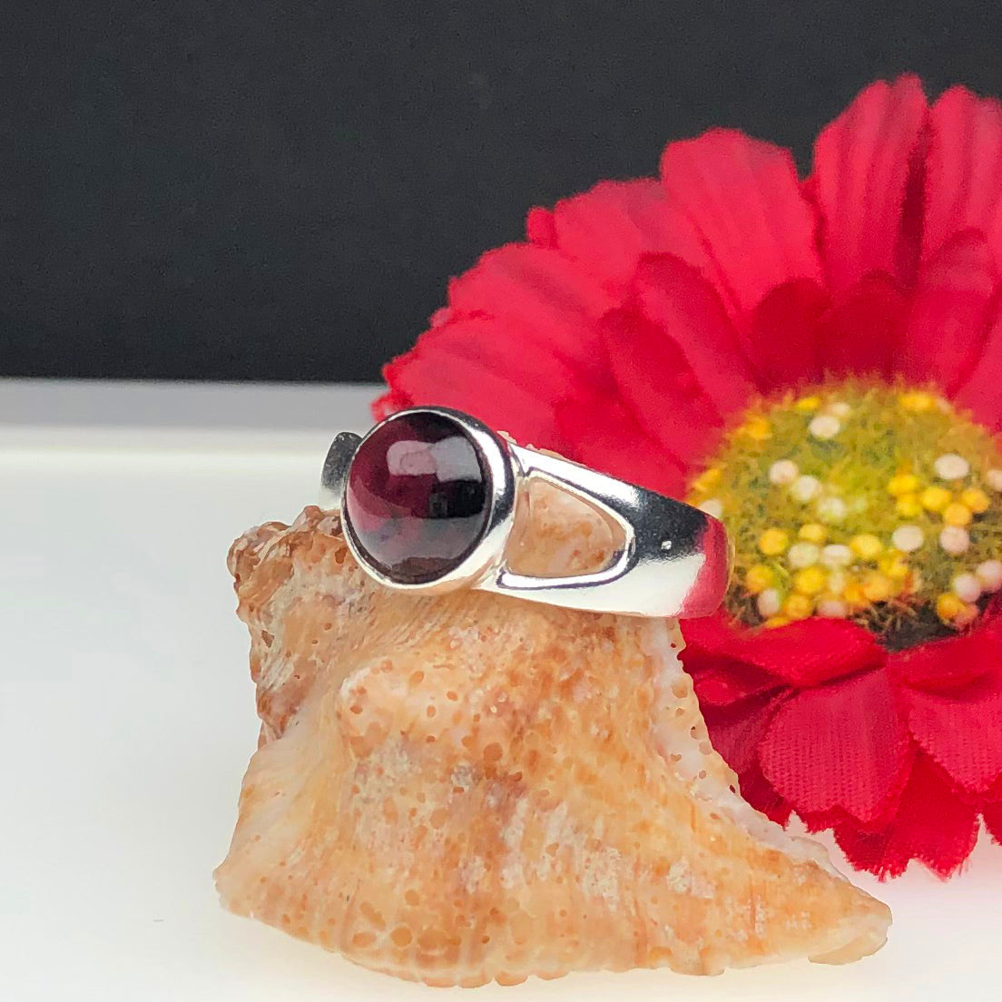 Wonderful Red Garnet Ring Main Metal Brass, Silver Coated