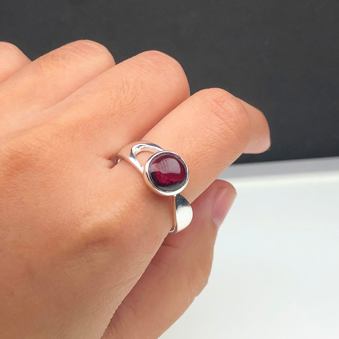 Wonderful Red Garnet Ring Main Metal Brass, Silver Coated