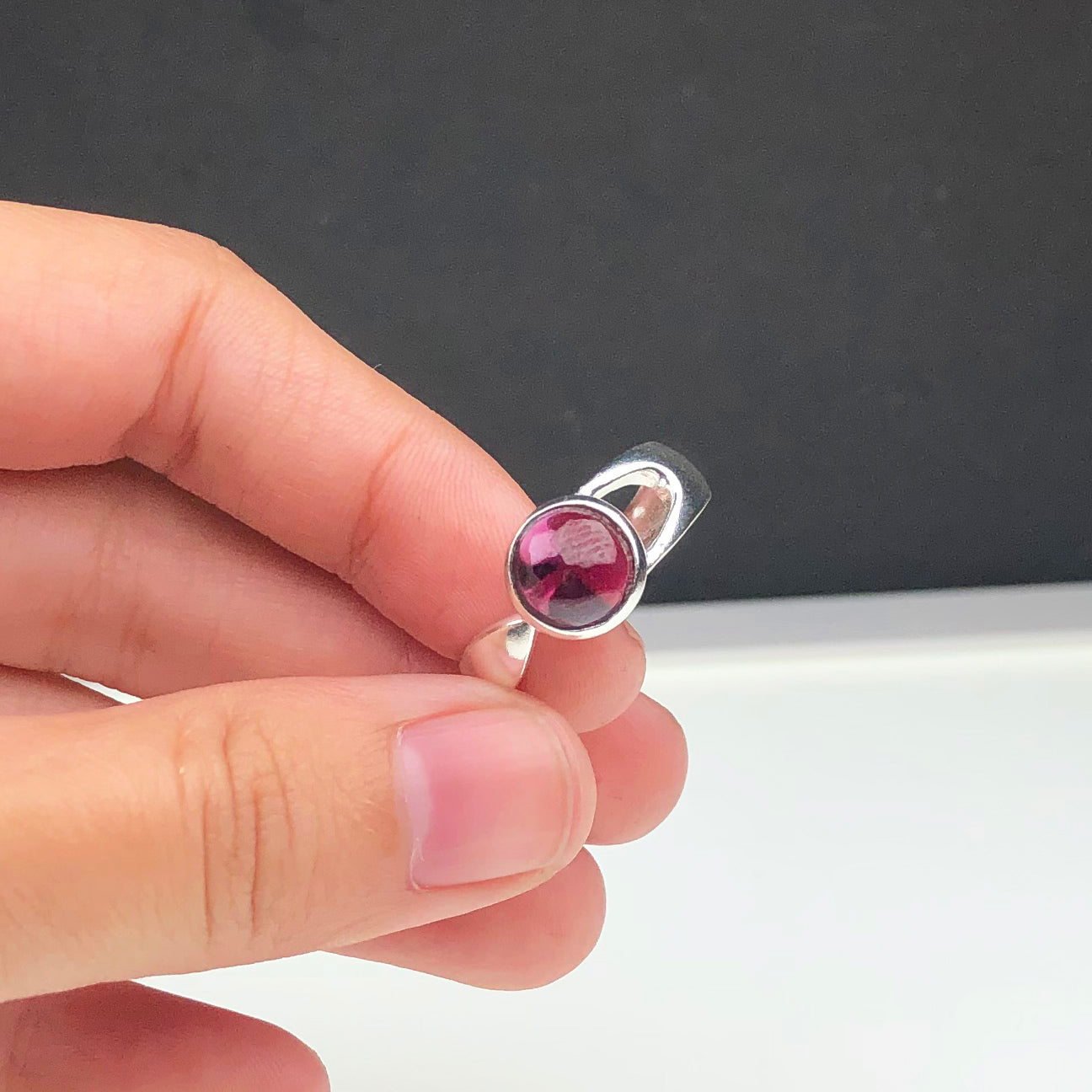 Wonderful Red Garnet Ring Main Metal Brass, Silver Coated