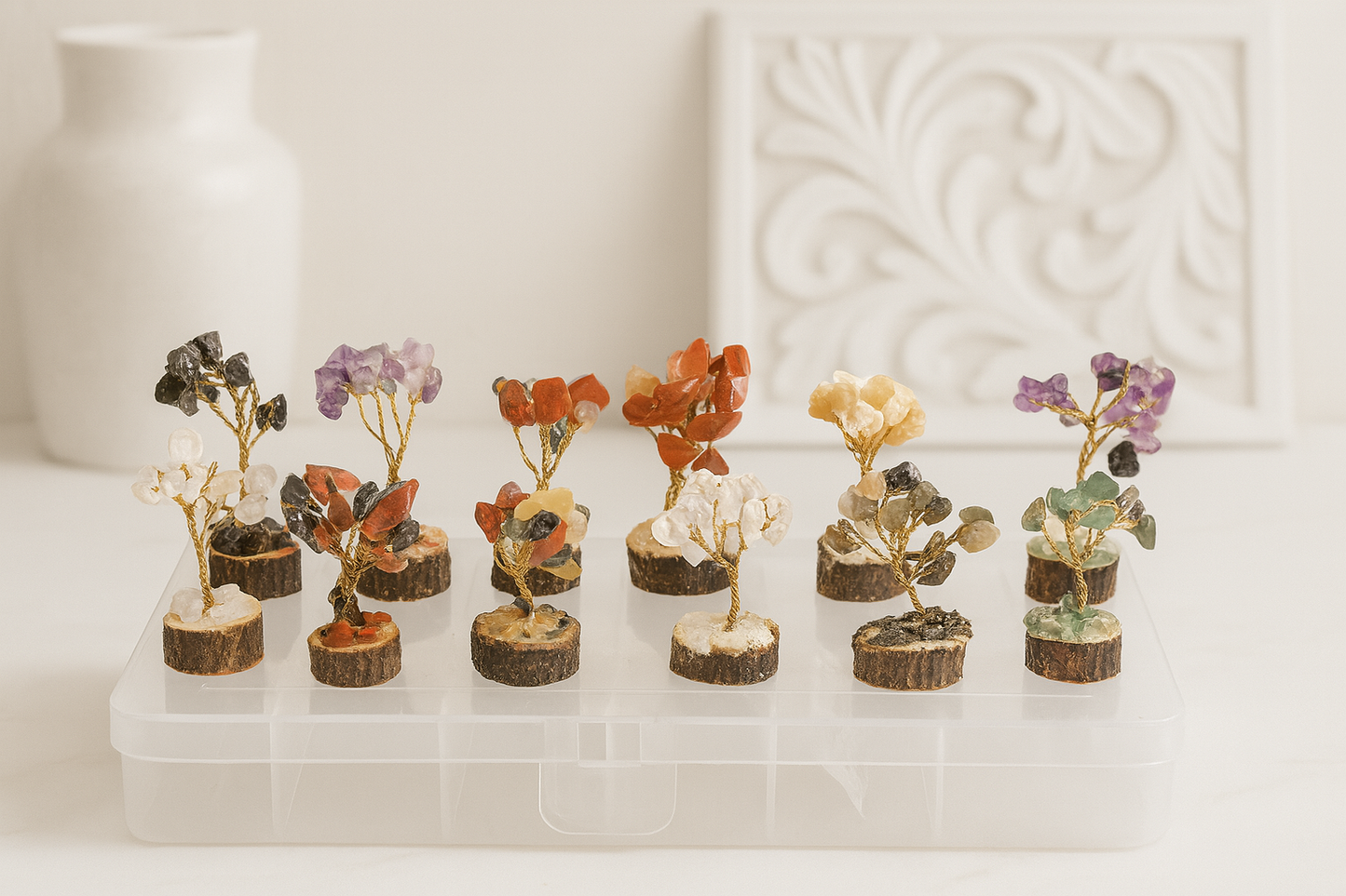 Box of 12 Gemstone Miniature Trees | Crystal Healing Tree Gift Set