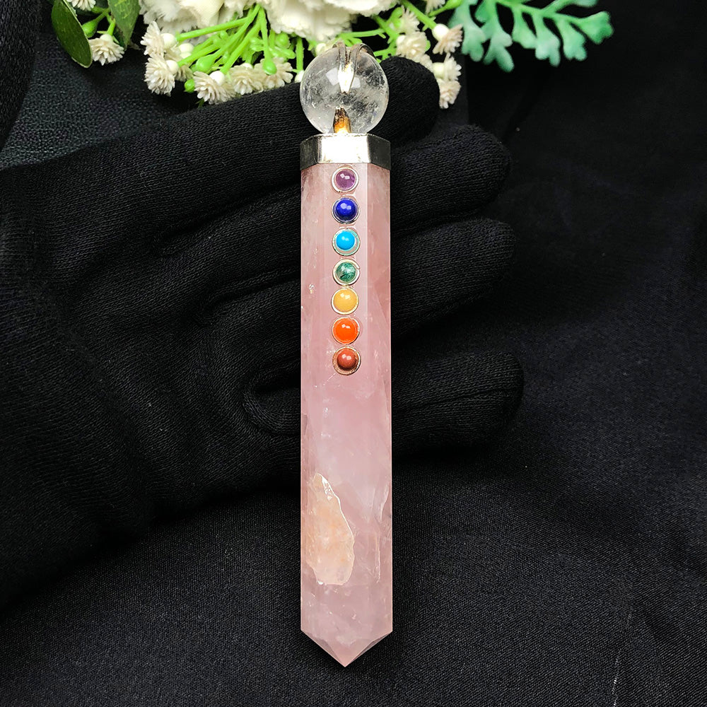 Seven Chakra Rose Quartz Healing Wand – Love, Energy Balance & Chakra Alignment