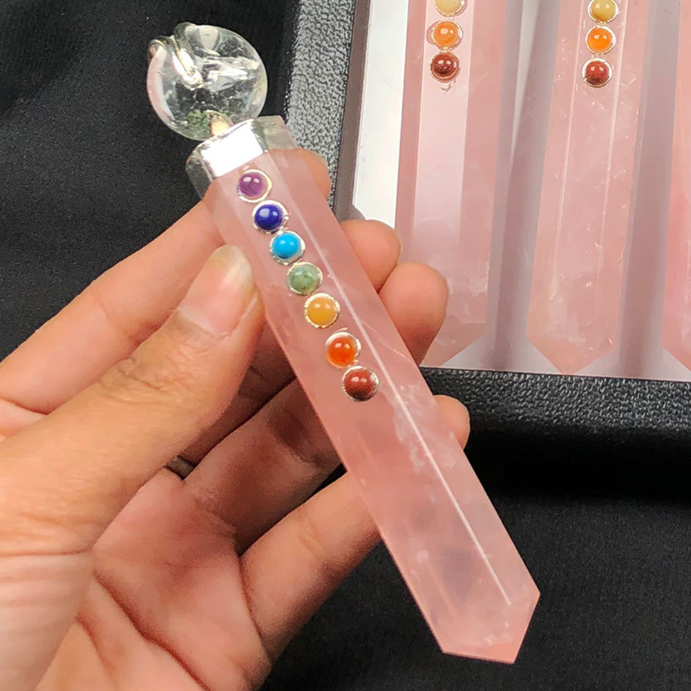 Seven Chakra Rose Quartz Healing Wand – Love, Energy Balance & Chakra Alignment