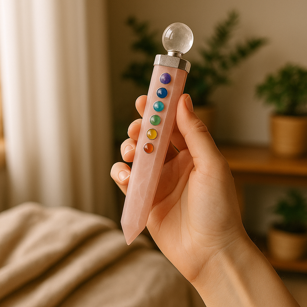 Seven Chakra Rose Quartz Healing Wand – Love, Energy Balance & Chakra Alignment