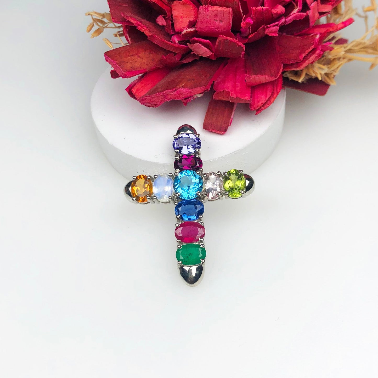 Elegant Blue Ruby Tanzanite Emerald Sterling Silver Pendant