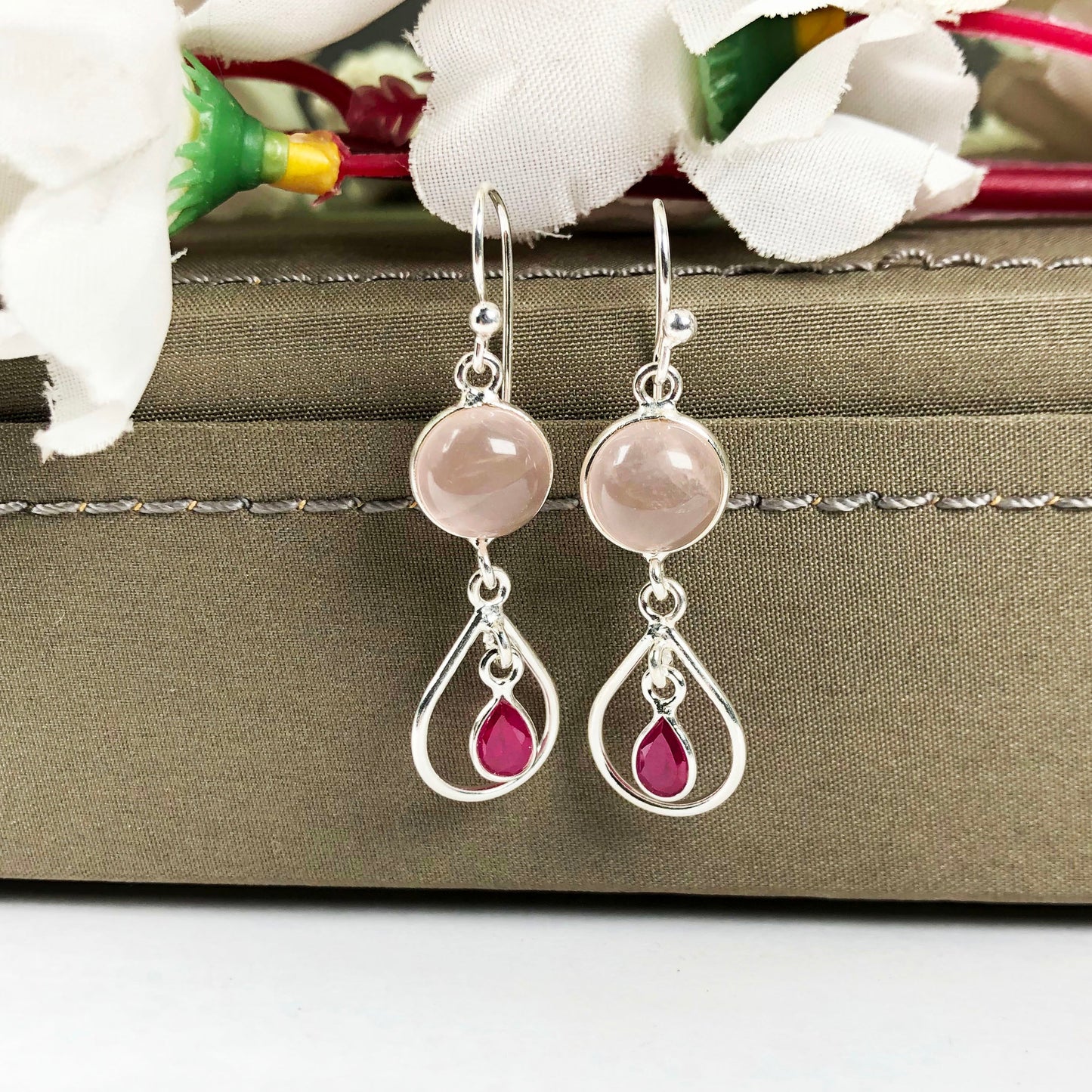 Alluring Ruby and Rose Quartz Sterling Silver Earring