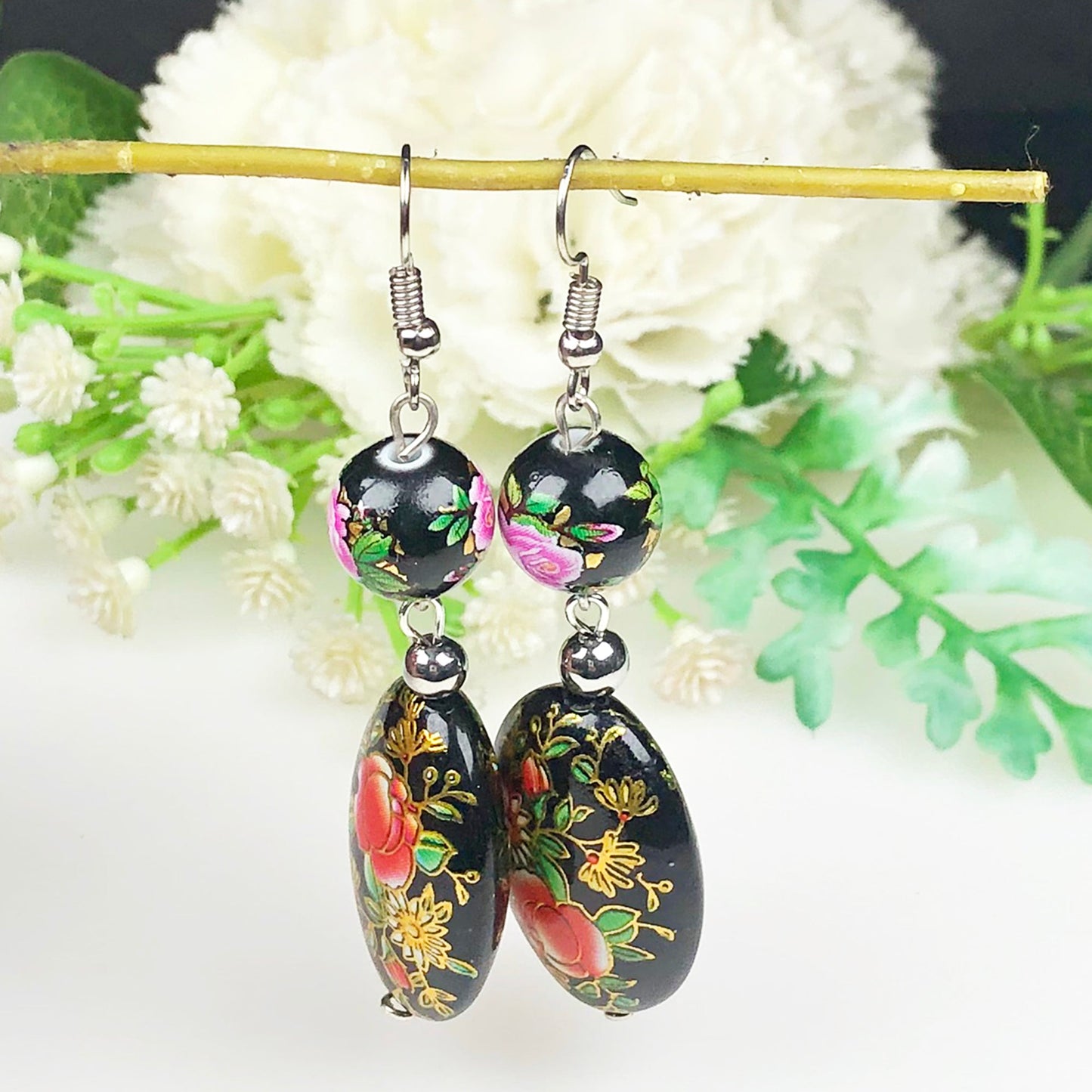 Beautiful Black and Gold Decorative Tensha Beads Dangle Earrings for Women and Girls